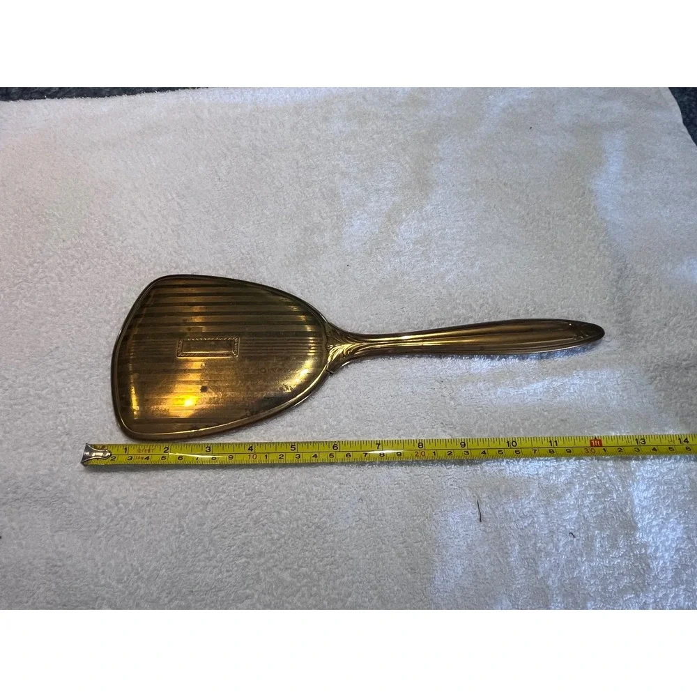 Vintage Art Deco Gold Tone Brass Hand Mirror Striped Vanity Handheld Mirror